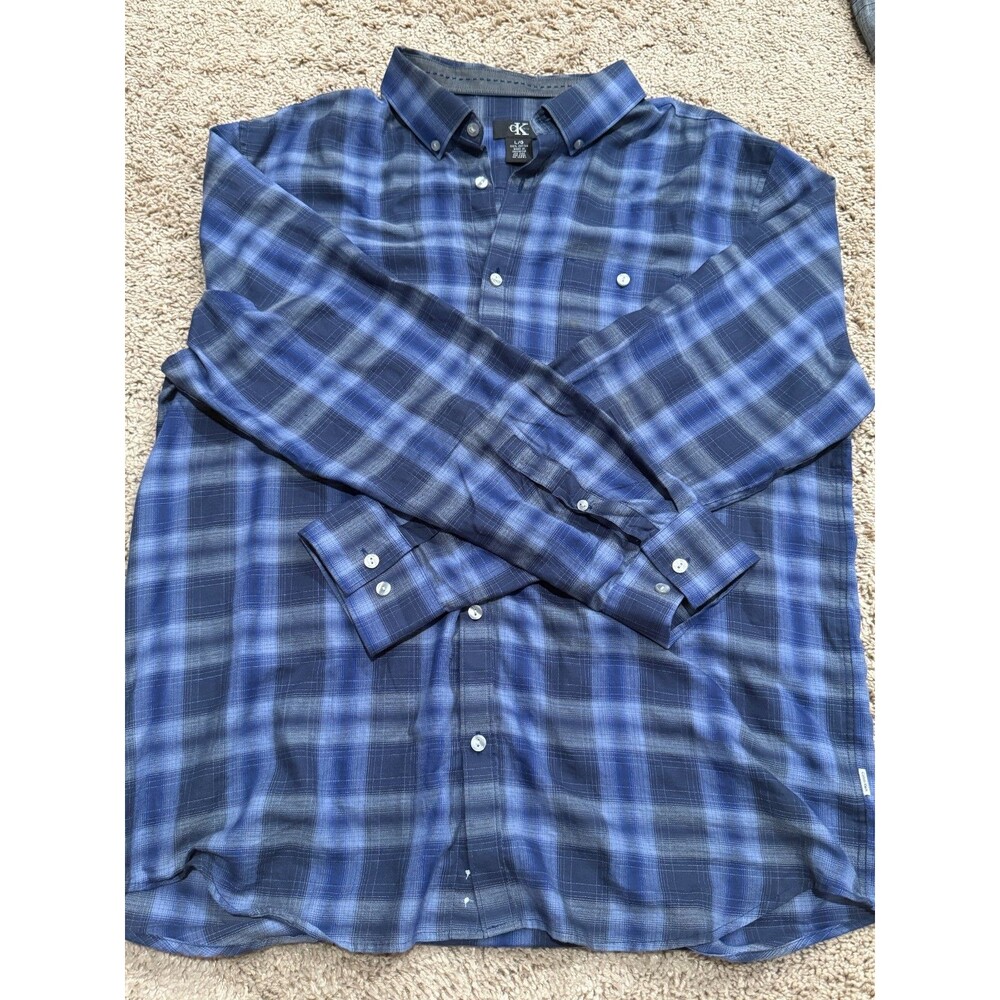 Calvin Klein Mens Button Down Plaid Blue/Purple Shirt Large